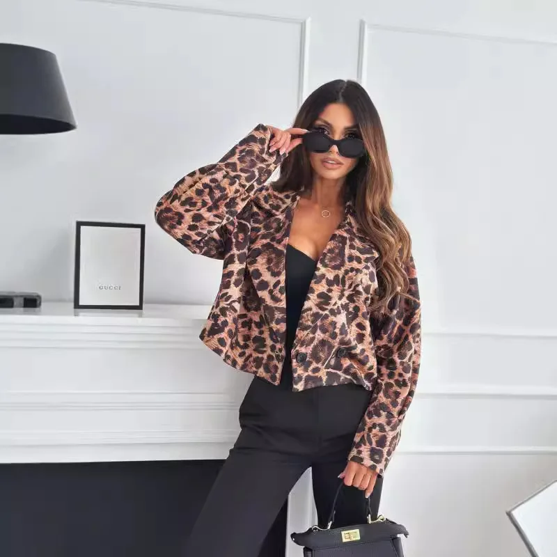 Women Leopard Print Lapel Cropped Jacket Double Button Long Sleeve Loose Casual Outerwear Fashion Daily Office Commuter Coat