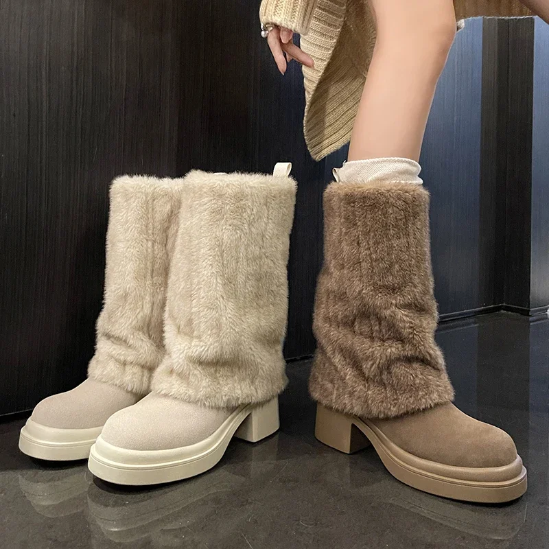 Fashion Personality Warm Fluffy Snow Boots Women Cow Suede Leather Round Toe Platform Shoes Slip on Chunky Mid Heels Calf Boots