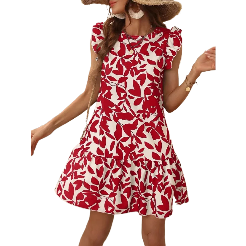 

Лето 2022, женское модное платье без рукавов с круглым вырезом и принтом, рюшами, уличная одежда, женские мини-платья трапециевидной формы с летающими рукавами для отпуска