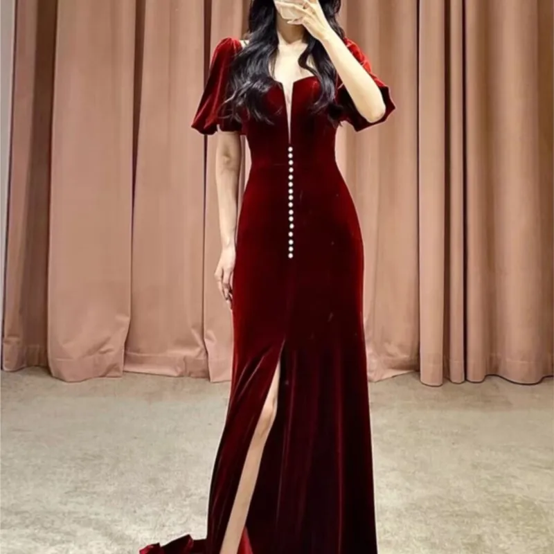 Robe longue en velours queue de poisson, tempérament rouge, toast, nouvelle collection