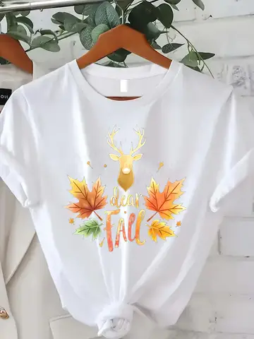 Comfortable Women's Print T-shirt "Autumn Deer & Leaves Graphic Tee - 'Dear Fall' Seasonal Print T-Shirt"