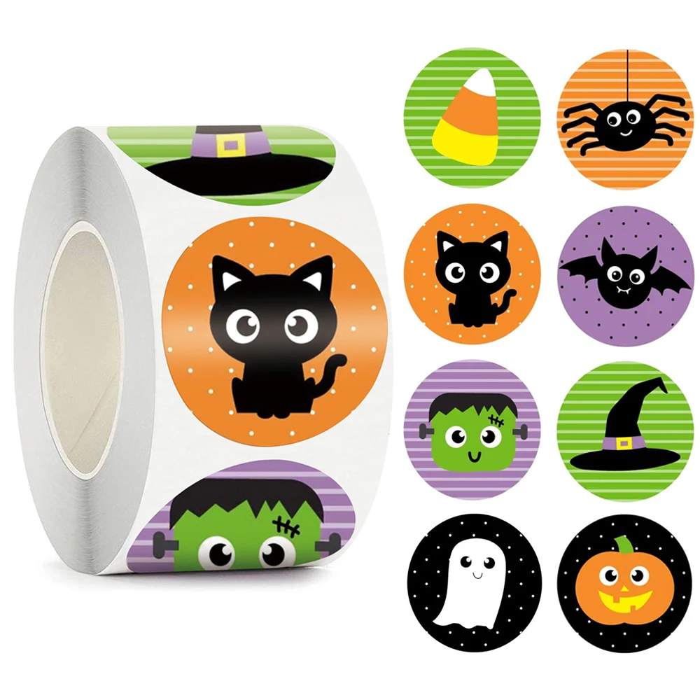 100-500 sztuk Halloween czarny nietoperz DIY okrągłe naklejki uszczelniające naklejki do pakowania dekoracja prezentów na Halloween 8 upiornych wzorów