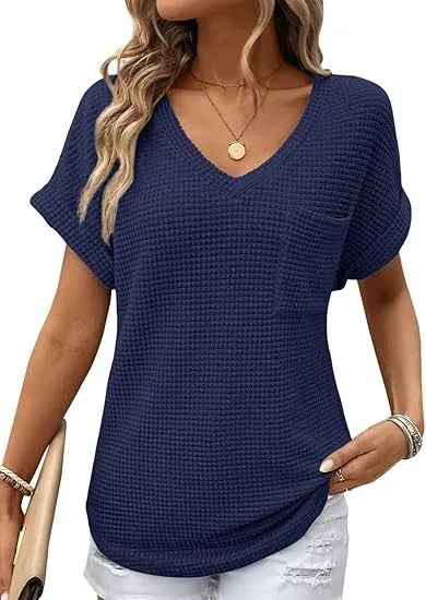 Casual Women Clothes Loose Fit Blouse Waffle Knit V Neck T Shirt Soft Finish Solid Color Detail Round Hem Short For Woman