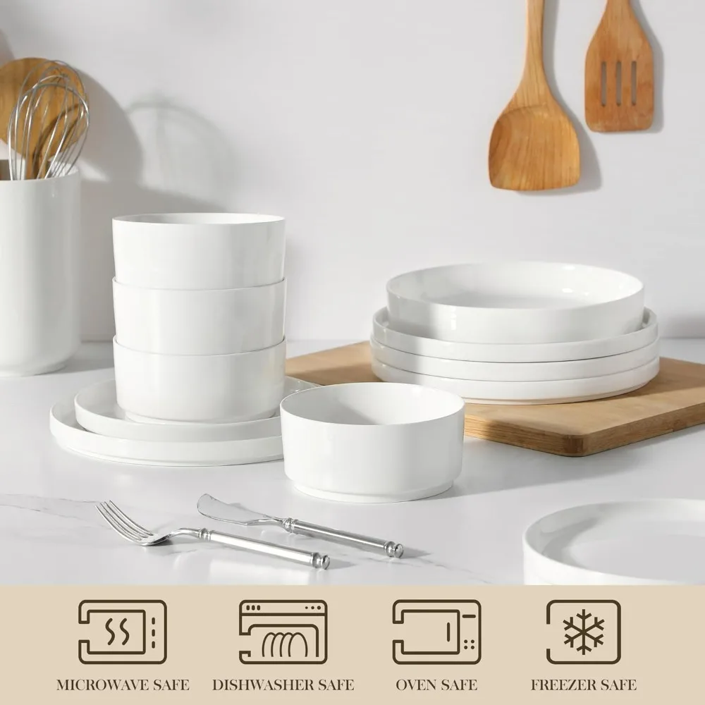 Modern White Porcelain Dinnerware Set for 6, 24-Piece Premium Plate and Bowl Set, Chip and Scratch Resistant