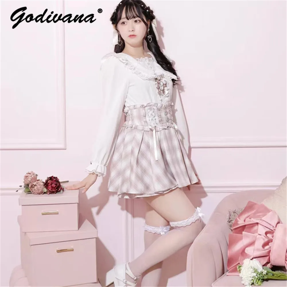 2024 New Autumn Japanese Mine Sweet Lace Lapel Cute Bow Long-sleeved Shirt Girls Lolita Blouse Plaid Shirts for Women