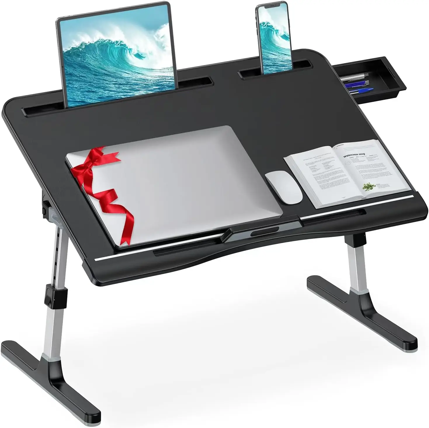 

Adjustable Leather Bed Desk with Foldable Legs, X-Large Laptop Stand for Bed Couch Floor Use (Black, 23.6"×15.7")