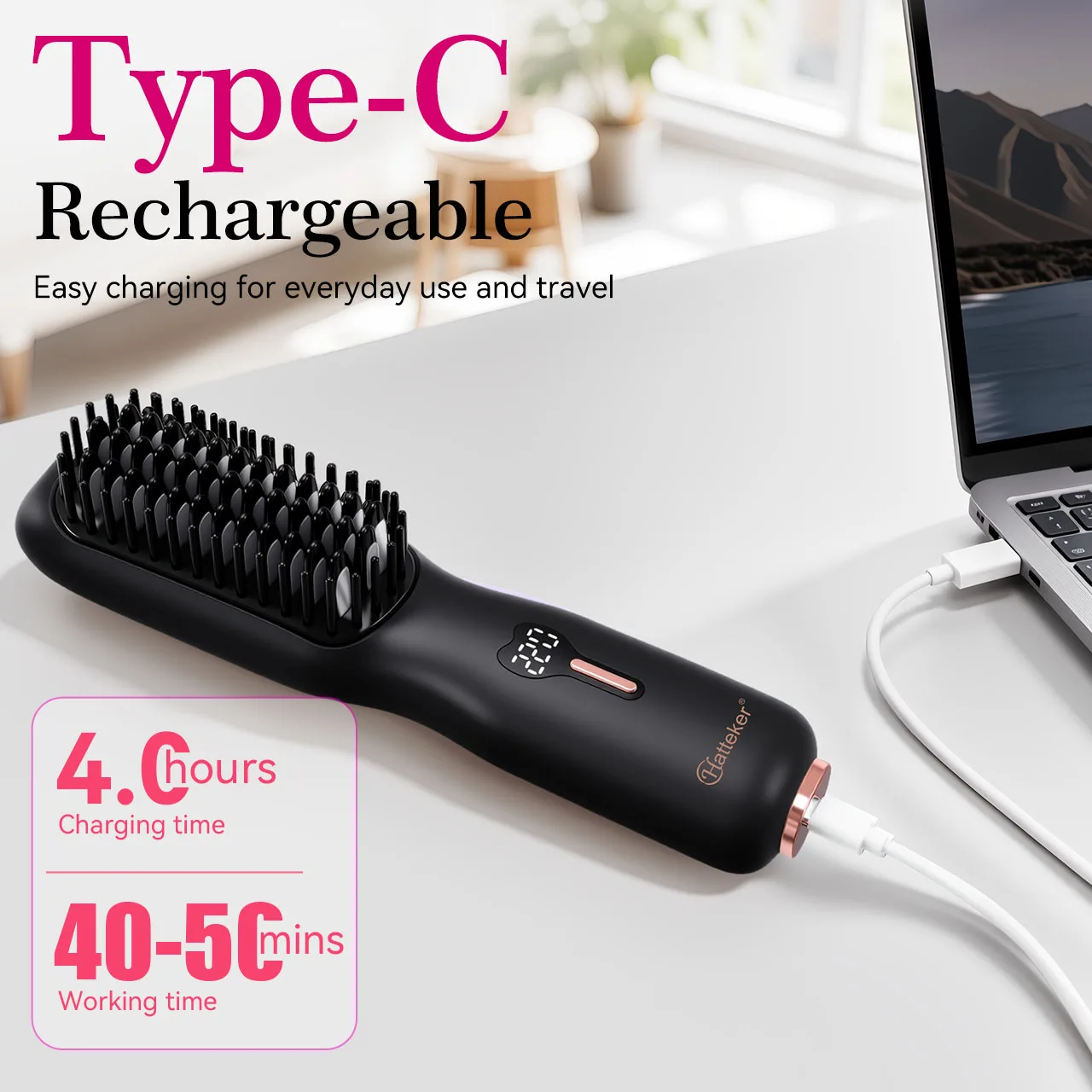 Hatteker Wireless Hair Straightening Comb Portable USB Multi-temperature Control Straightener And Curler for All Hair Types 5