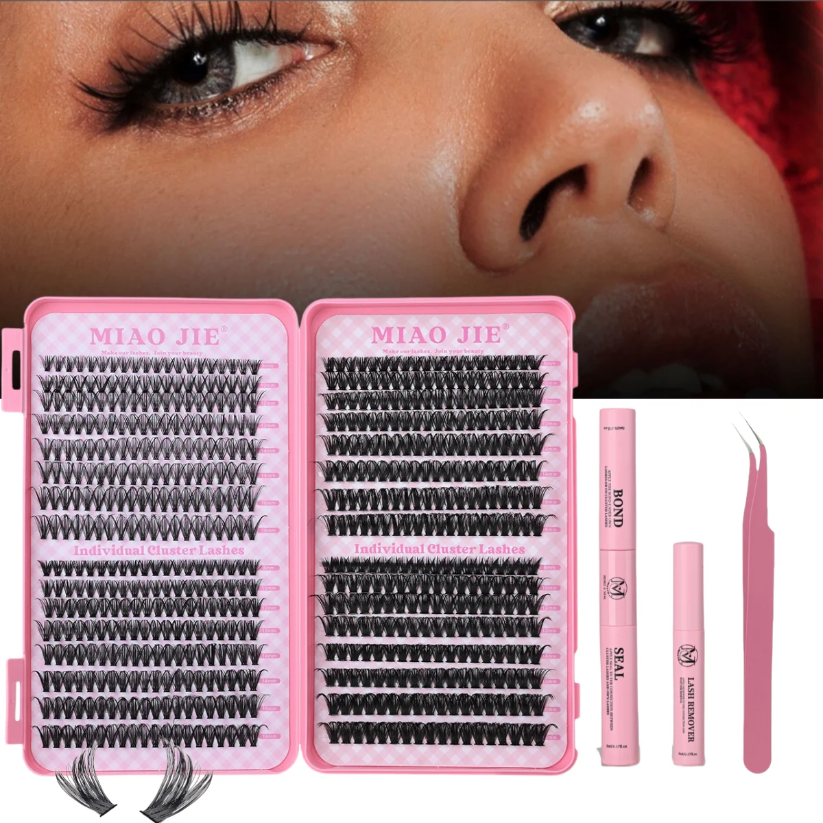 MIAOJIE DIY Eyelash Extension Kit 640pcs Individual Lashes Cluster D Curl, 8-16mm Mix Lash Clusters with Lash Bond and Seal and