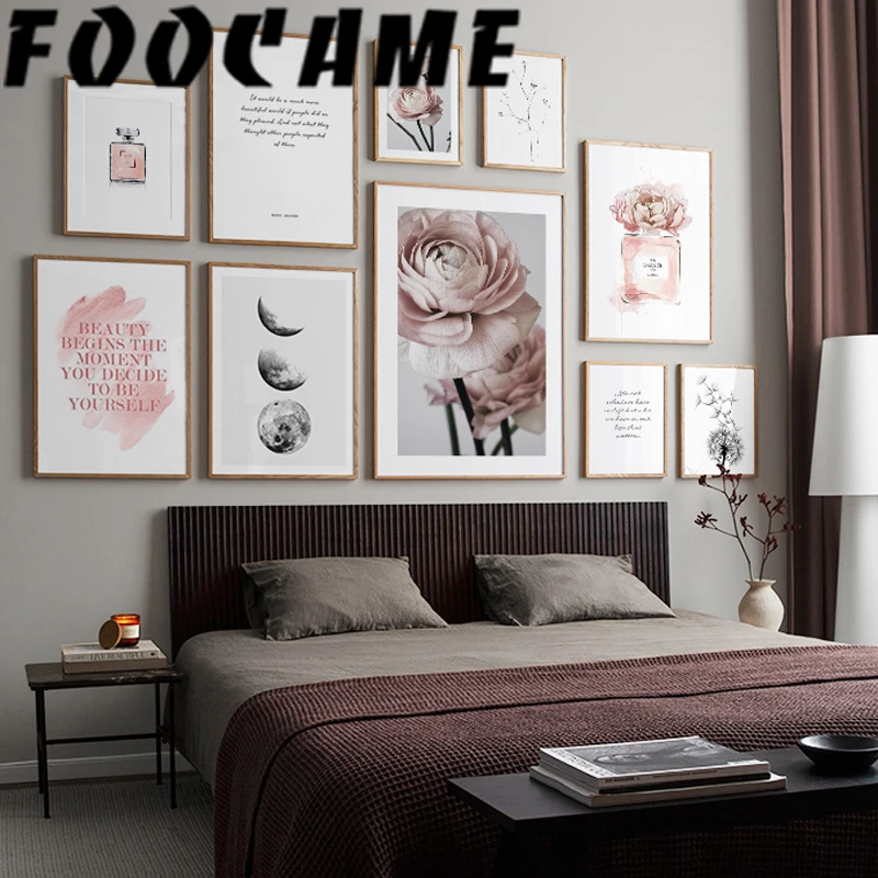 

Moon Dandelion Pink Flower Art Perfume Bottle Canvas Painting Scandinavian Wall Poster Print Decor Home Picture for Elegant Room