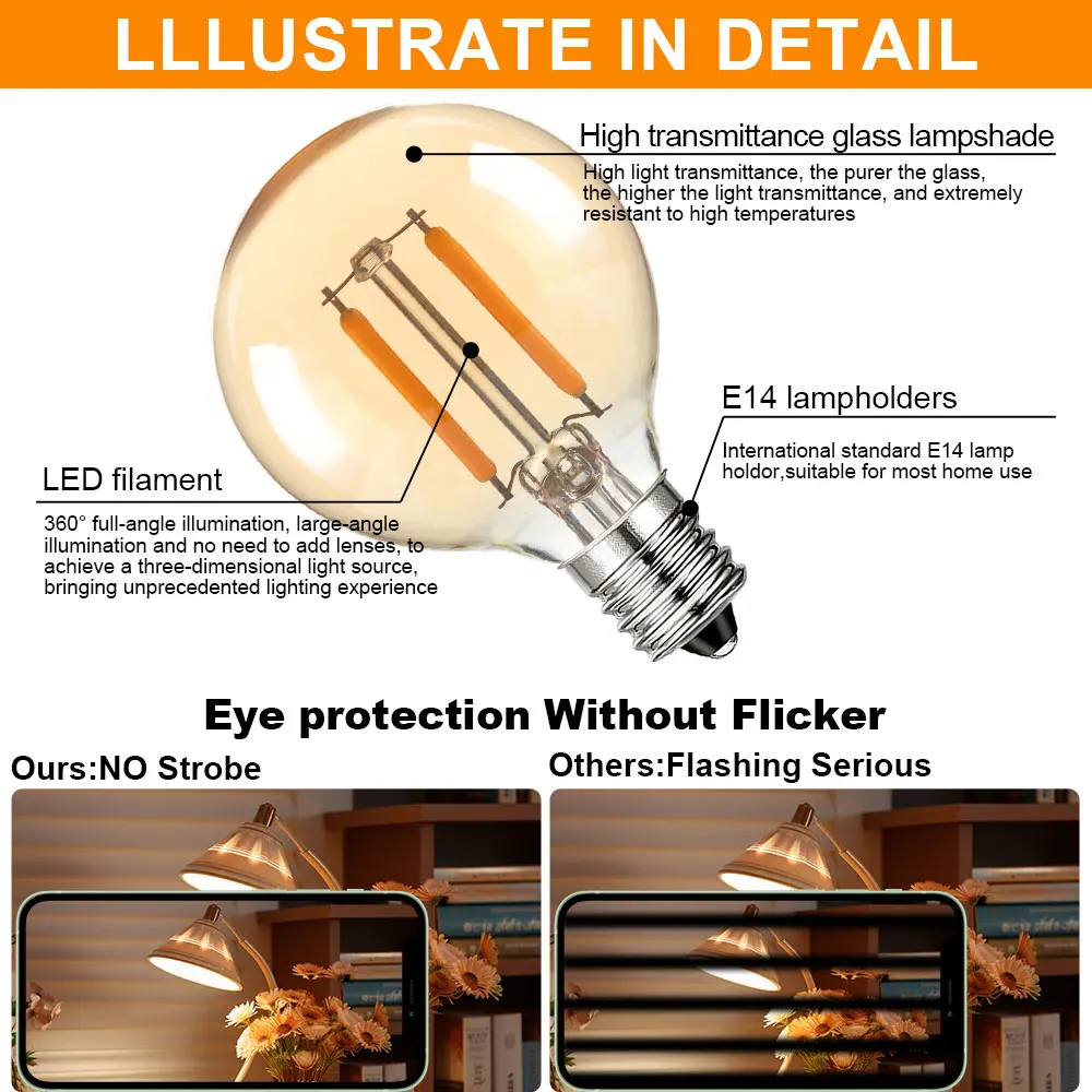 E12 Low Voltage Bulb DC 12V LED Edison Light Lamp 1.5W Warm White 2700K Globe Amber Filament Bulbs for RV Solar String Lights