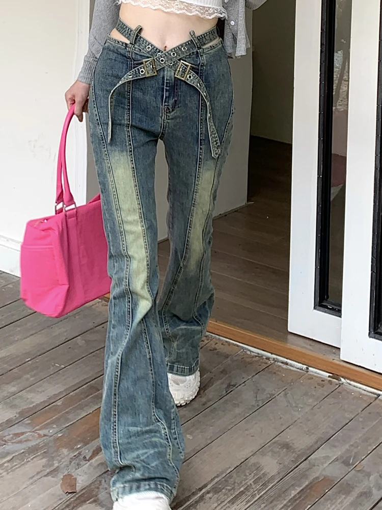 SONNEESD Harajuku Style Denim Trousers Retro Fashion Cross Design Women's Jeans High Waist Slim Cowboy Flare Pants For Women