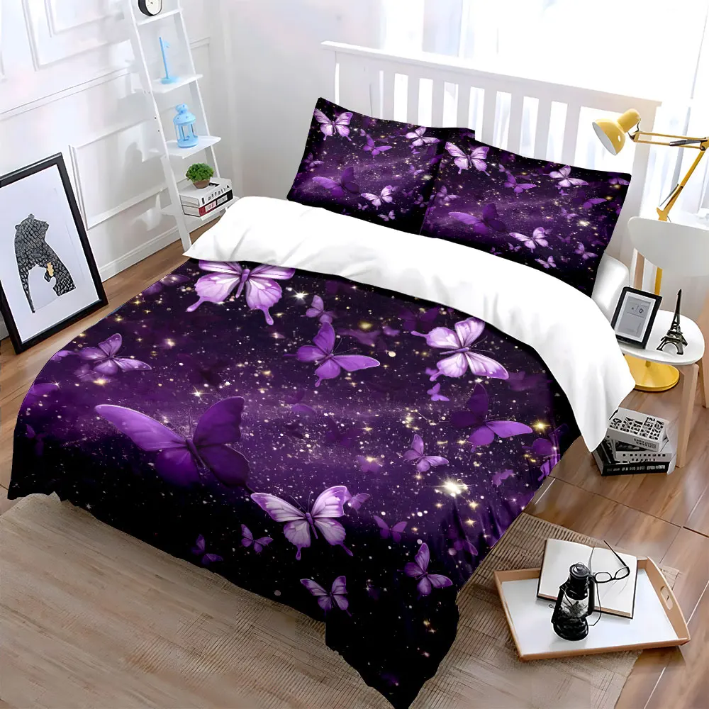 Purple butterflies dance among stars Print Soft Comfortable Duvet Cover Bedding Set Included 1*Duvet Cover 2*Pillowcases