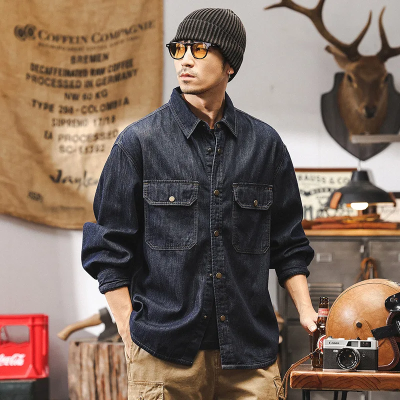 American retro bright line original color denim shirt men spring 2025 new workwear long sleeve shirt jacket men