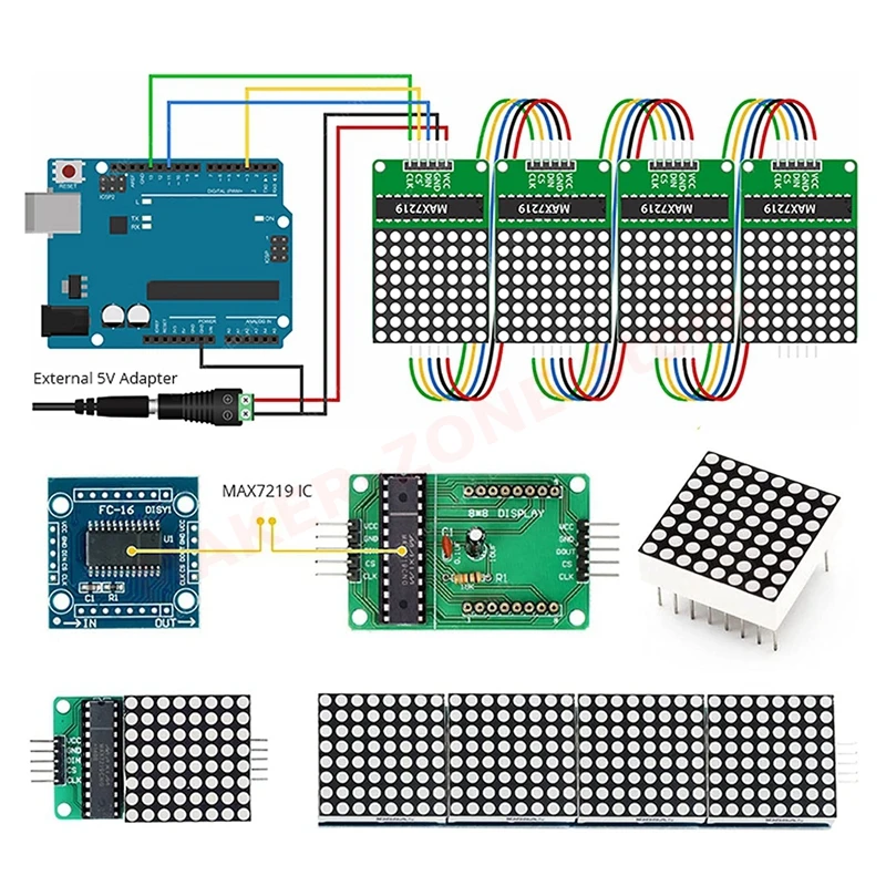 4Pcs MAX7219 Dot Matrix Module 8x8 LED Display Modules for Arduino Raspberry Pi Microcontroller with 5Pin Wires Kit