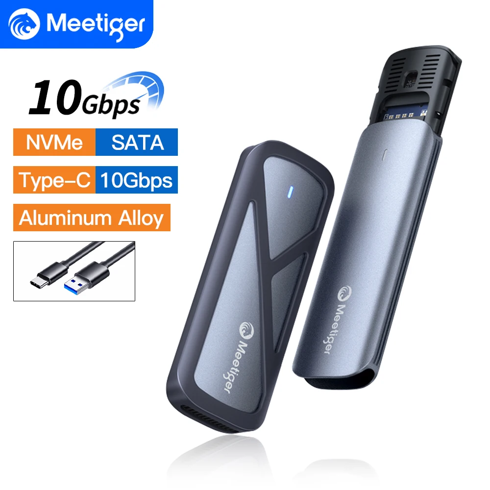 Meetiger M.2 NVMe SSD Enclosure Adapter 5/10Gbps External Case for M.2 NVMe SATA SSD Adapter Tool Free External Hard Drive Case