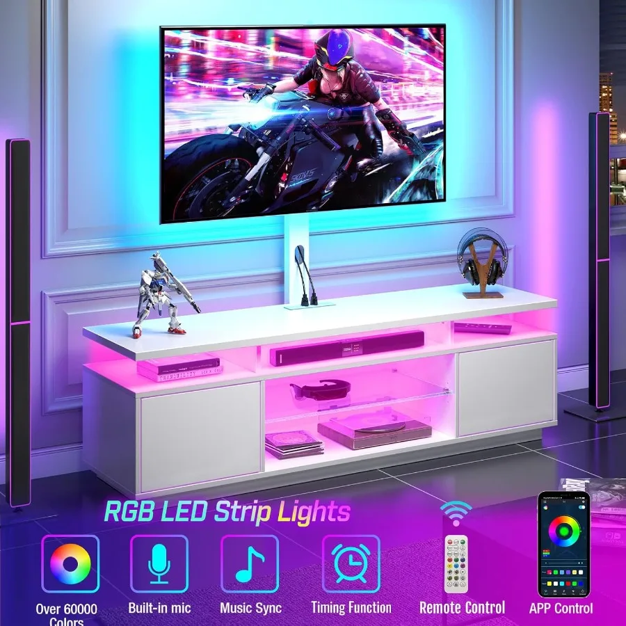 حامل تلفزيون حديث قابل للتعديل مع حامل دوار ومخرج طاقة مدمج لأجهزة التلفاز مقاس 32 إلى 70 بوصة والترفيه بعرض 51.2 بوصة #2