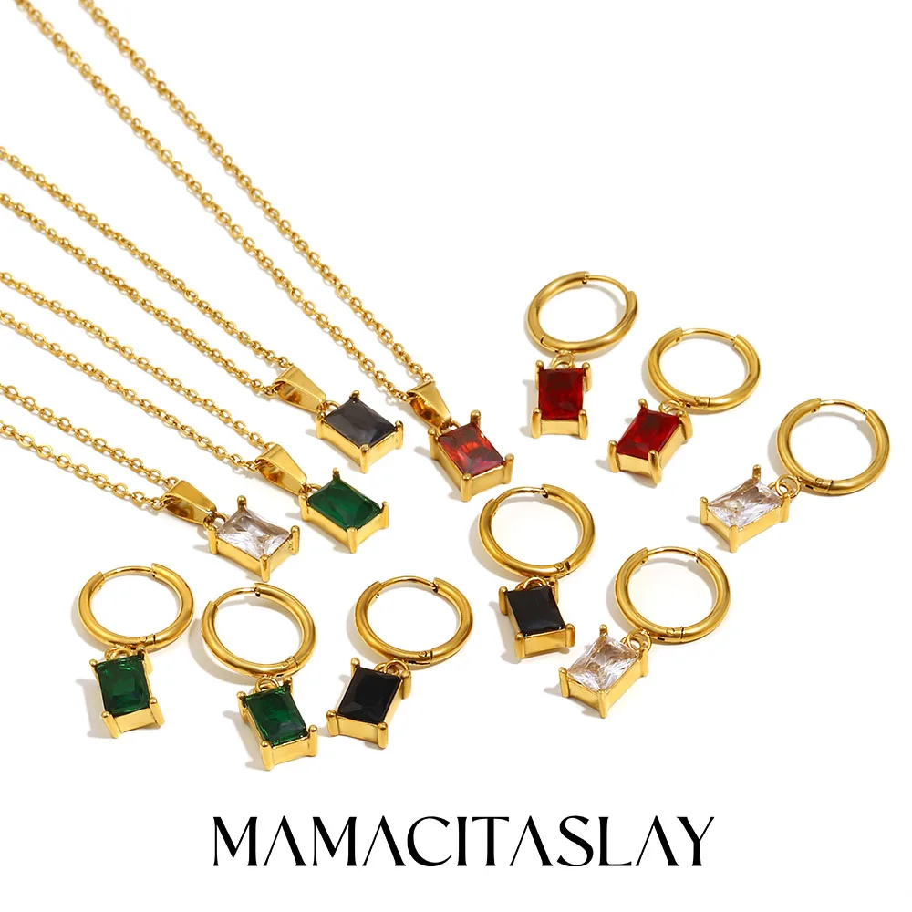 MamacitaSlay 316L Edelstahl Quadrat Zirkon Ohrringe Halskette Wasserdicht 18K vergoldet Schmuckset Halskette Ohrringe Geschenk