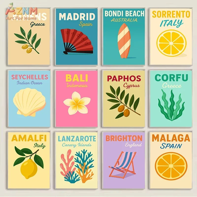 AZNM Retro Travel Destination Canvas Wall Art Europe Coastal City Lemon Olive Surfboard Poster Print Colorful Holiday Gallery De