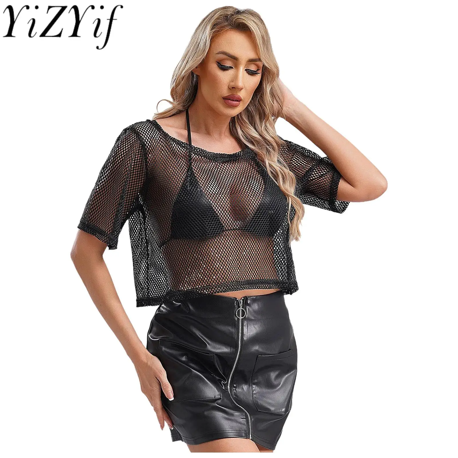 

Sexy Women Mini Fishnet Body See Through T-shirt Short Sleeve Mesh Summer Cold Crop Top Camisole Cover-up for Party Clubwear