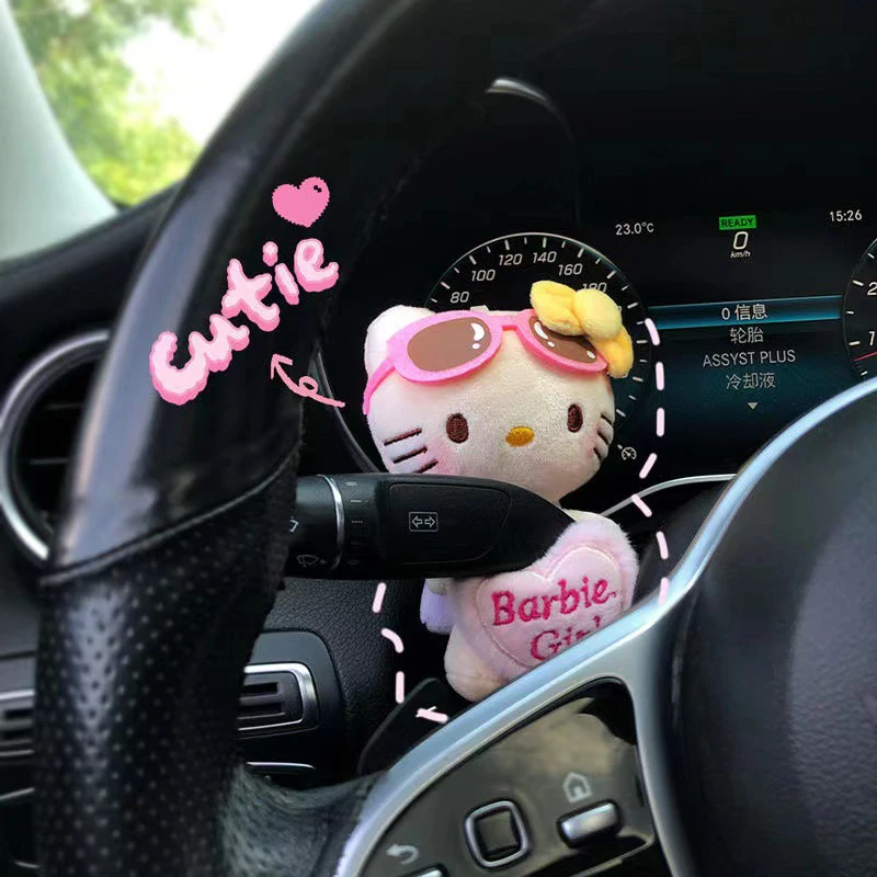 Kawaii Hellokitty Car Column Shift Doll Sanrio KT Cat Car Vehicle Turn Signal Wiper Ornaments Accessories Toy Girl Gift