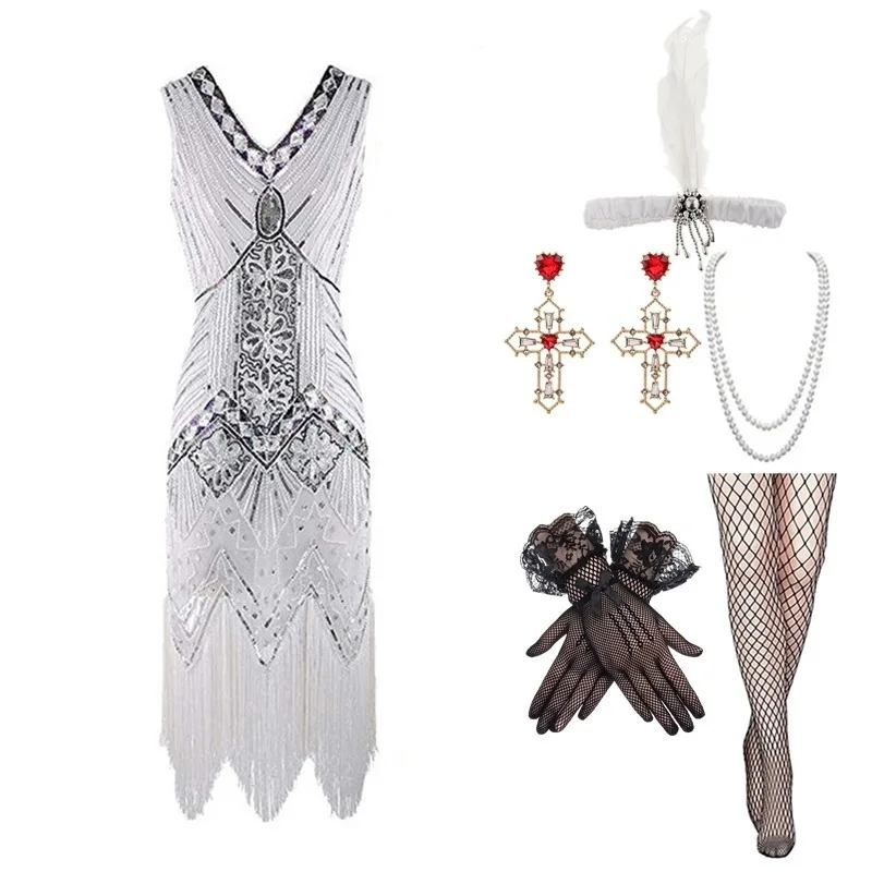 

920s eat Gatsby Evening Dr Tassel Large Size V-ne Dr Set Banquet Evening Gown Polyester Material Ladies Faion