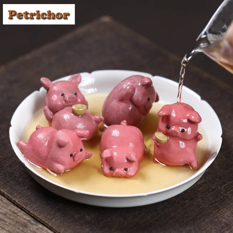 Yixing Purple Clay Mini Little Pink Pig Tea Pet Retro Flowerpot Landscaping Tea Figurine Play Toys Tea Statue Ornaments Gift