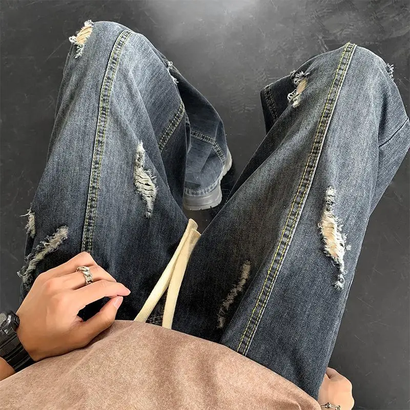 Harajuku Ripped  Hole Blue Washed Jeans Pants for Men and Women Pockets Streetwear Casual Baggy Denim Trousers