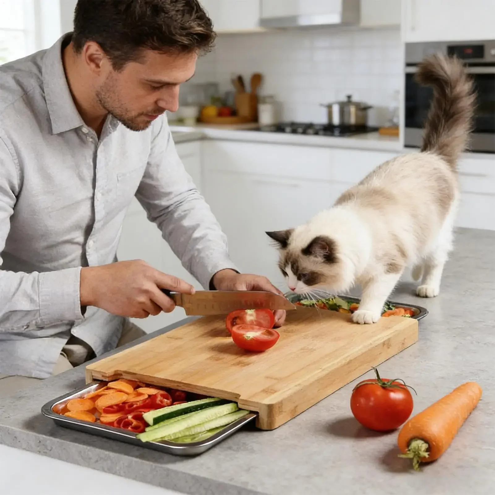 Picture 5: Kitchen Eco-friendly Bamboo Cutting Board with Sliding Stainless Steel Tray Drawer Bamboo Cutting Board for Food Preparation