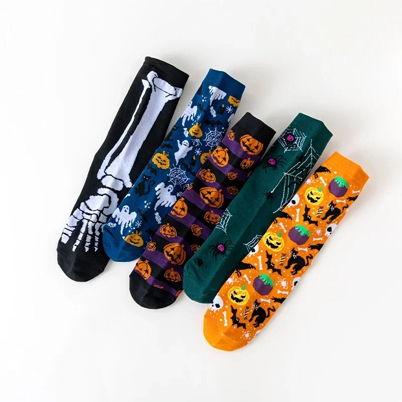 5Pairs Halloween Novelty Socks Men Women Funny Pumpkin Ghost Skeleton Spider Cat Print Mid‑Calf Socks Holiday Party Cosplay Sock view 2