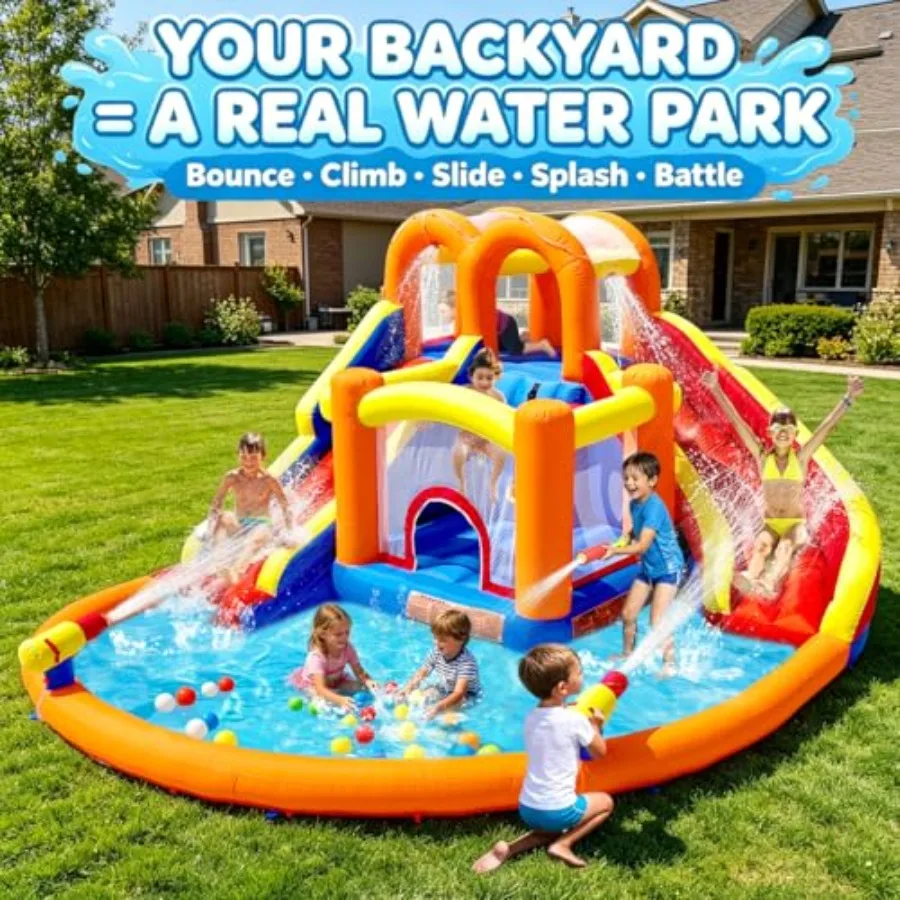 [Upgraded Version] Bounce House Water Slide Combo for Big 8-12, Water Bounce House with Dual Long Slides Big Splash Pool, Backy