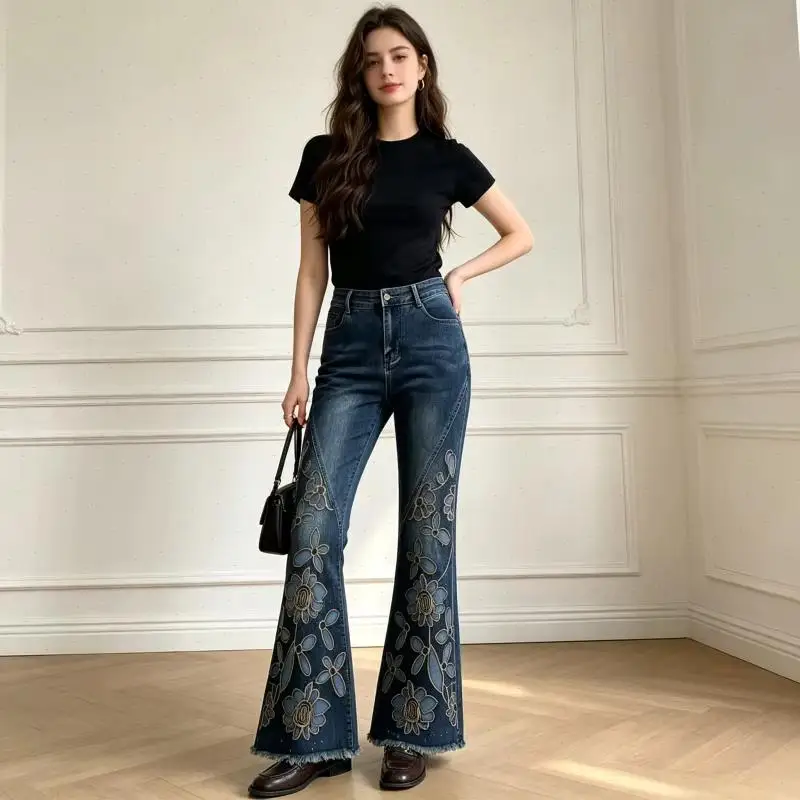 Bootcut Jeans Denim Pant Women Washed Distressed High Waist Work Casual Embriodery Trousers Floral Hot Drilling 2026