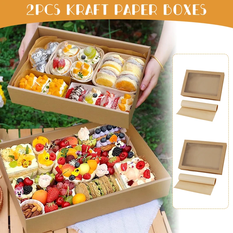 

2pcs Disposable Kraft Paper Boxes Outdoor Picnic Container With Window Lid Sandwich Pizza Packaging Box Bento Dessert Box