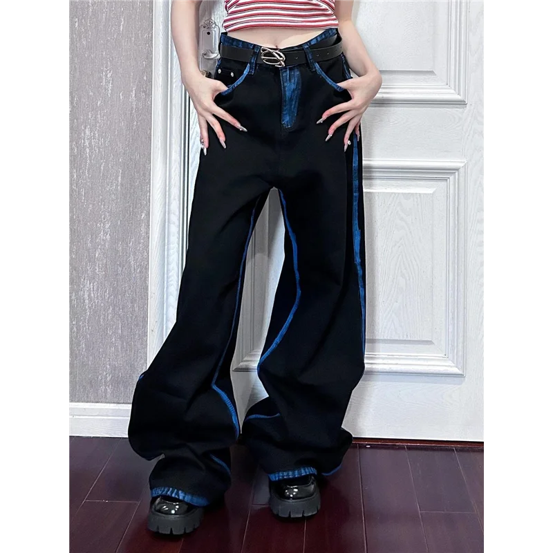 กางเกงยีนส์เอวสูงทรงขากว้างสำหรับผู้หญิง สไตล์ลำลอง ใส่สบาย ทรงตรง ยาวคลุมเท้า ดีไซน์แบบอเมริกัน สไตล์ไฮสตรีท สำหรับฤดูใบไม้ผลิและฤดูใบไม้ร่วง
