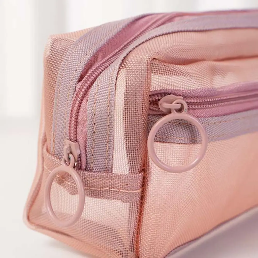 Trousse à Crayons en Maille Double Couche, Rétro, Grande Capacité, Transparente, Cosmétique, Rangement, Fermeture Éclair, Papeterie