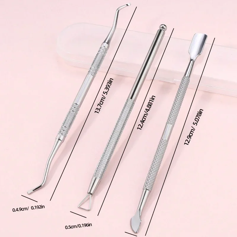 مجموعة أدوات إزالة البشرة من الفولاذ المقاوم للصدأ مكونة من 3 قطع تتضمن أداة تشذيب البشرة والجلد الميت وأداة إزالة جل طلاء الأظافر