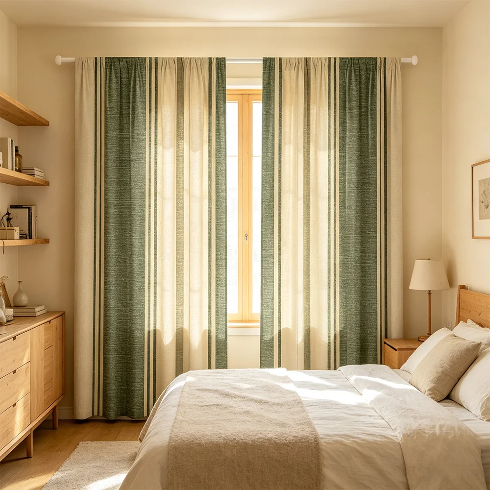 2PCS, Green and Beige, Vertical Stripe Print, Farmhouse Style, Flat Printed Curtain, Rod Pocket Style, 0%-40% Light Blocking, No