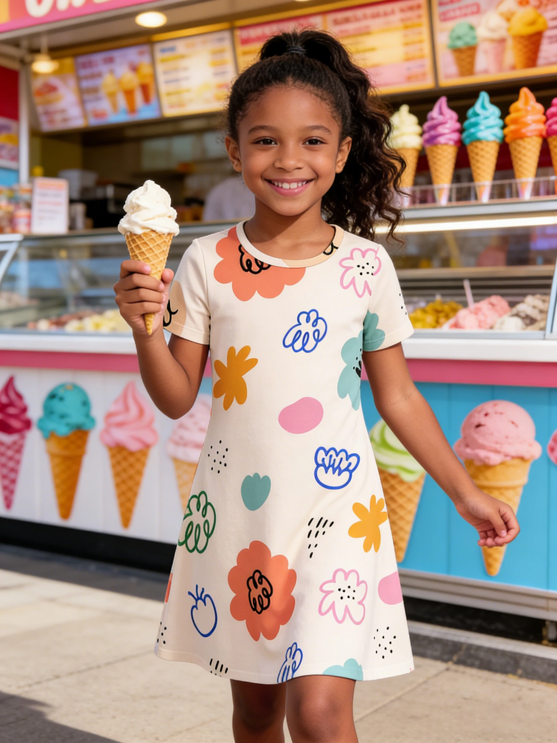 

2026 Girls Light Beige Bottom Color Cartoon Flower Geometric Element Printed Short Sleeve Dress