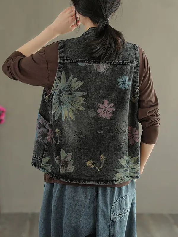 

Retro Floral Print Denim Vest Women's Loose Versatile Autumn Winter New Sle Faionable Trendy Commuter ket Detail Jaet