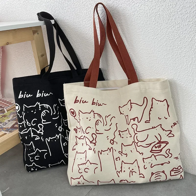 Cute Animal Cat Dog Print Single Shoulder Bag Book Bag Retro Large Capacity Canvas Bag Women Girl Cartoon Handbag Shopper Bags