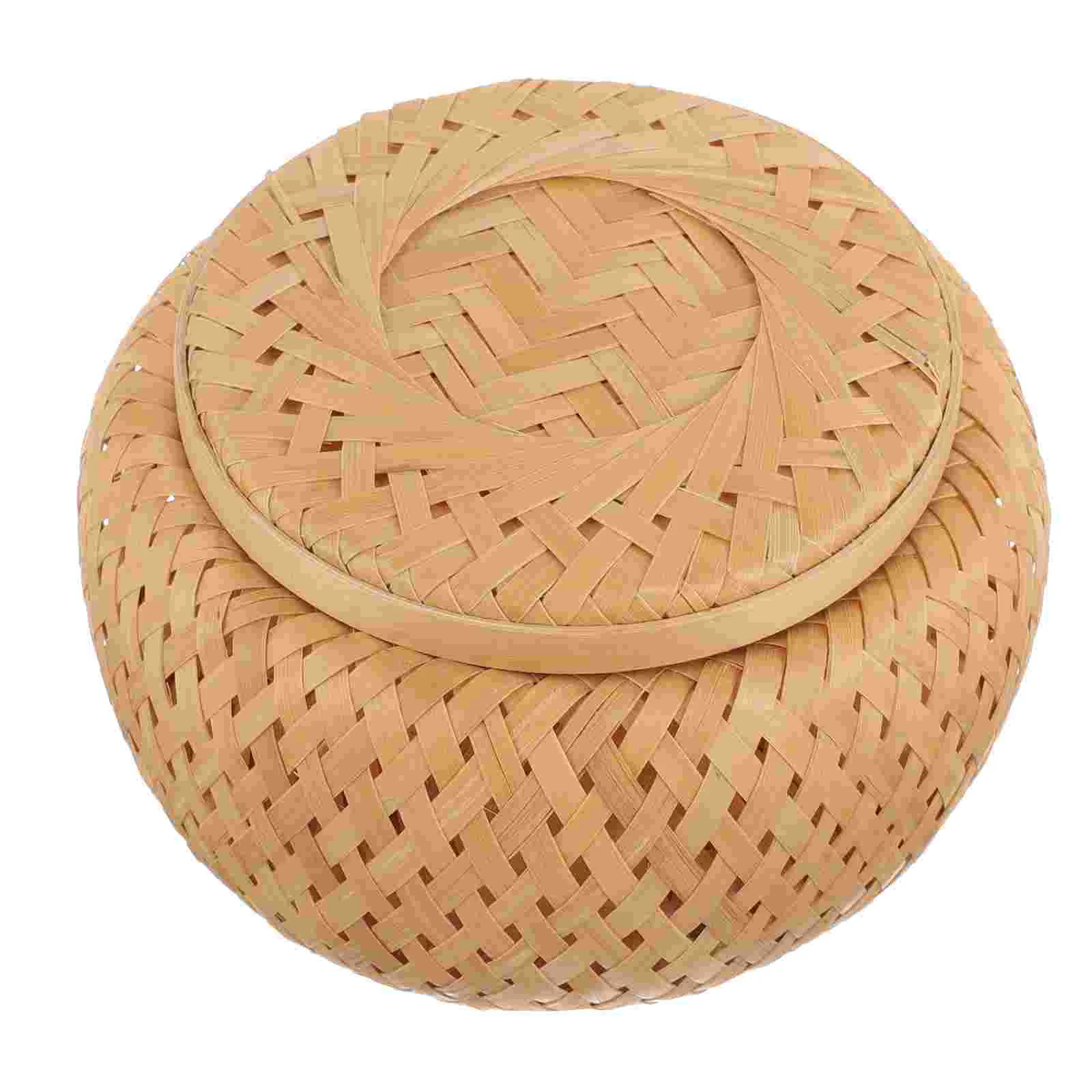 

Bamboo Weaving Food Containers with Lids Round Woven Basket Fruit Bread Wicker Storage