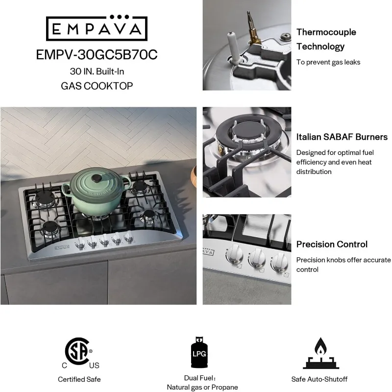 Empava 30 inch cooktop Gas with 5 Italy SABAF Burners, 30" NG/LPG Convertible Dual Fuel Stove