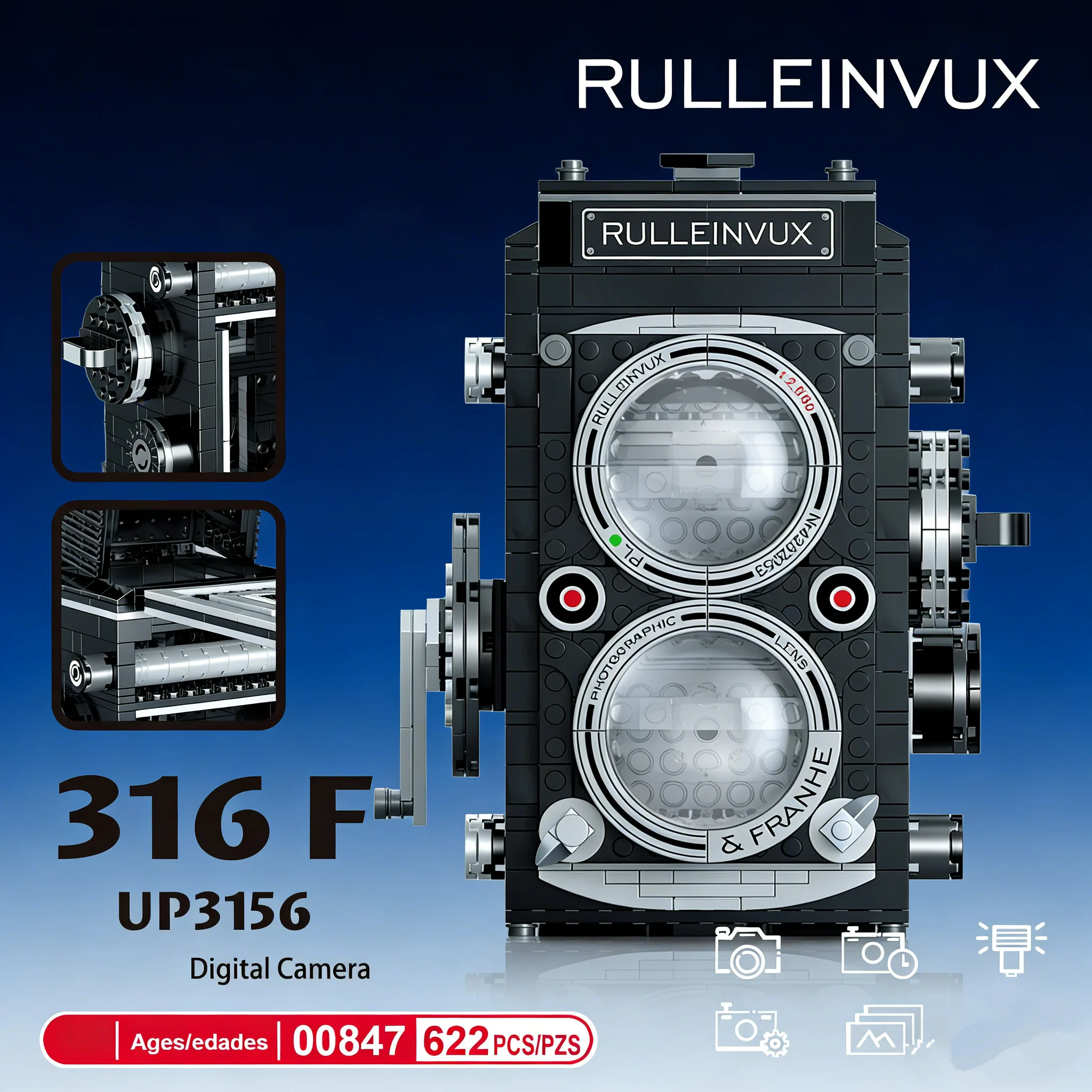 Fotocamera digitale classica avanzata Modello 3D Mini giocattoli in mattoni per ragazzi Design di assemblaggio per adulti Kit di blocchi Collezione Desktop Elegante