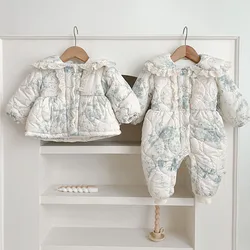 2024 Ins Winter Korean Baby Girls Outwear Coat Cotton Floral Plus Velvet Thick Warm Infant Girls Rompers Toddler Girls Jacket