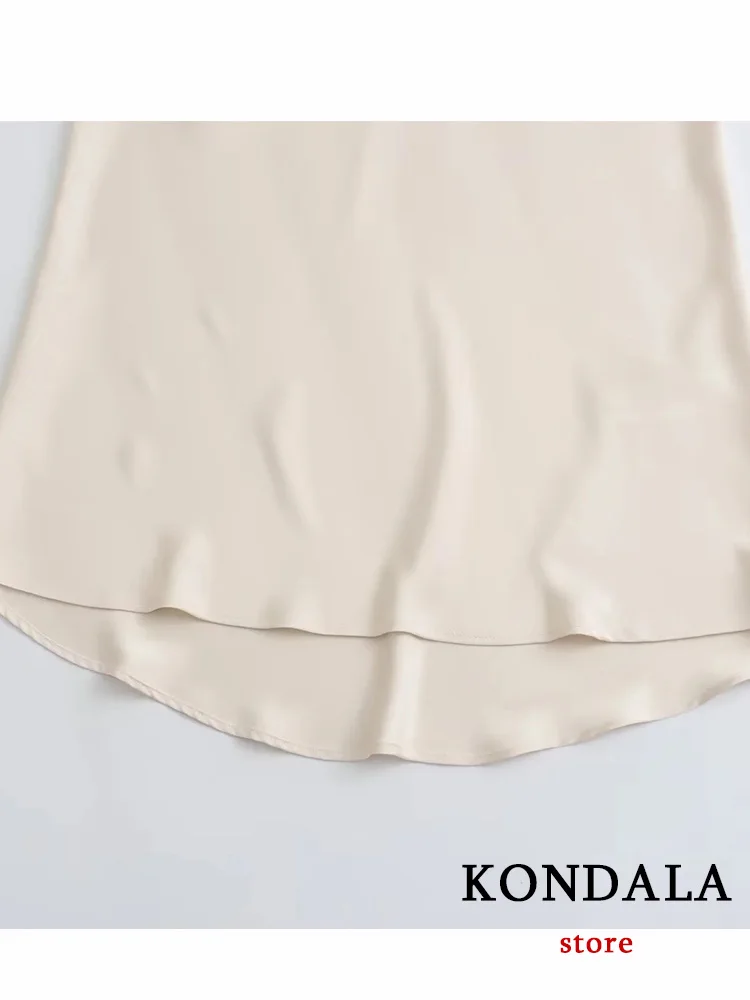 KONDALA Vintage Beige Satin Women Suit Turn-down Collar Single Breasted Blouse Loose Long Straight Skirt Fashion 2023 Autumn Set