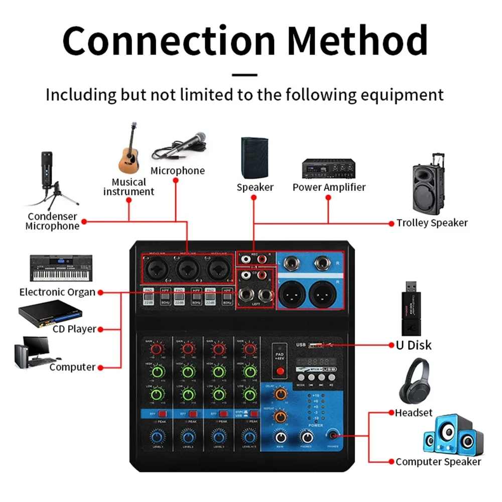 NUOVO F-5A Mixer audio Tavolo audio a 5 canali Mixer professionale Computer Stage Recording Scheda audio USB Tono alto basso Attrezzatura DJ