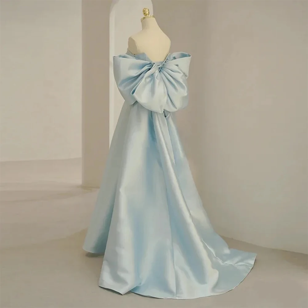 Beautiful Sky Blue Dyed Wedding Dress Bridesmaid Dress Delicate Large Bow Backless Shoulder Gown Bride Superior Engagement Long