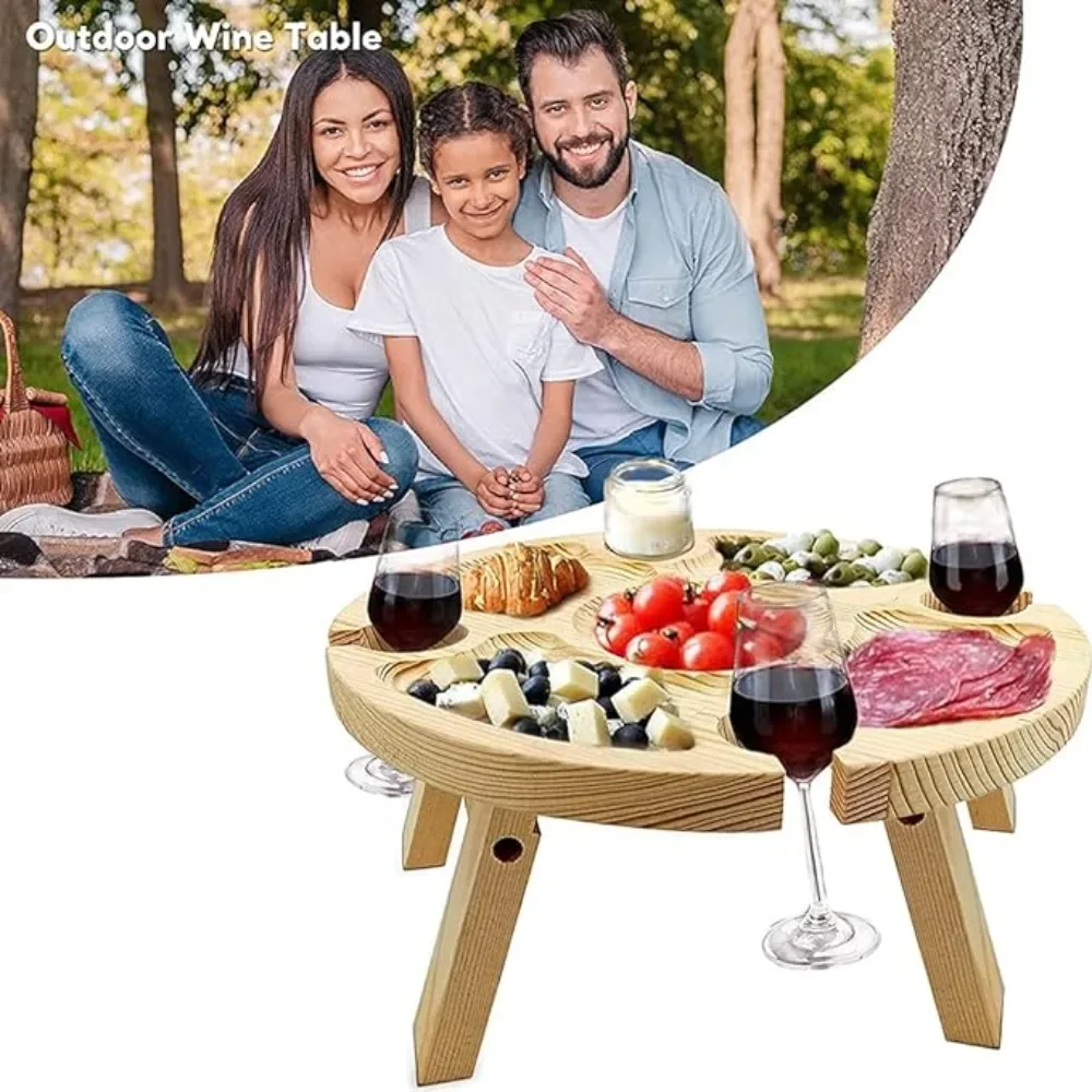 Wooden Outdoor Folding Picnic Table Collapsible Wine Rack Outdoor Picnic Creative 2 in 1 Wine Glass Rack for Lawn Garden Party