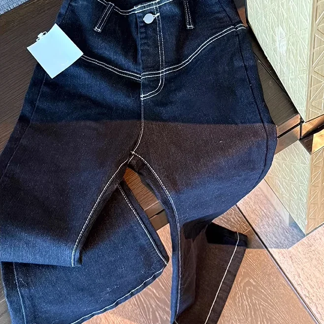 

Korean Style Vintage Tie Denim Jeans Women's Slimming Micro Flared Long Trousers High Waist Button Closure