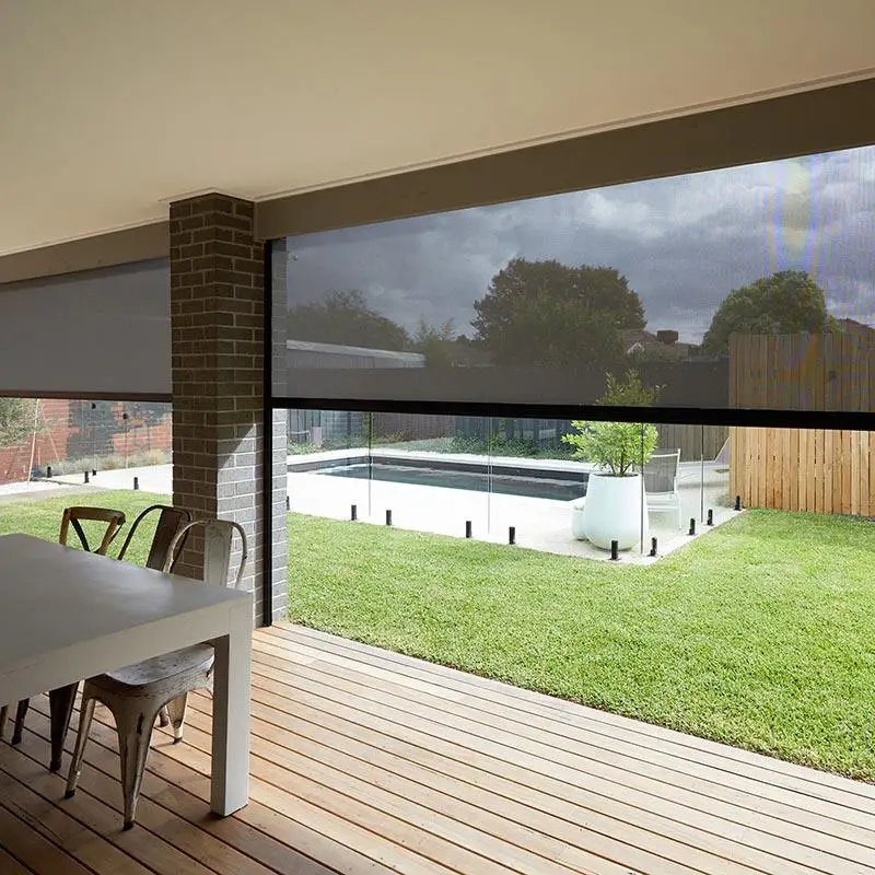 Modern Outdoor Blinds for Balcony. Motorized windproof & waterproof shade. Sleek aluminum, custom fit. Enjoy your patio in any w