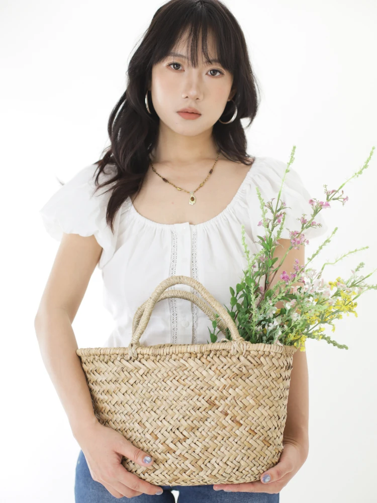 

Рубашка Ohmyloli в стиле ретро, двухслойная, хлопковая, весенне-летняя, с эластичным воротником и завязками на талии, белая серия